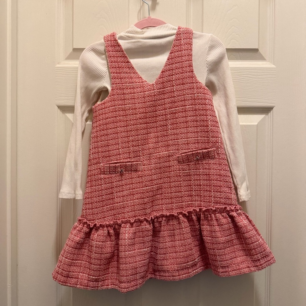 Rachel Zoe Girl’s Pink Tweed Bejeweled Pinafore Long Sleeve Shirt Dress Set 5T